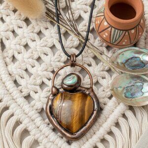 Boho Chic Copper Heart Pendant Necklace | Genuine Tiger's Eye & Abalone Shell